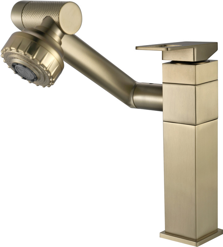Bathroom Sink Faucets Single Hole stainless steel Material Brushed Gold Square Body